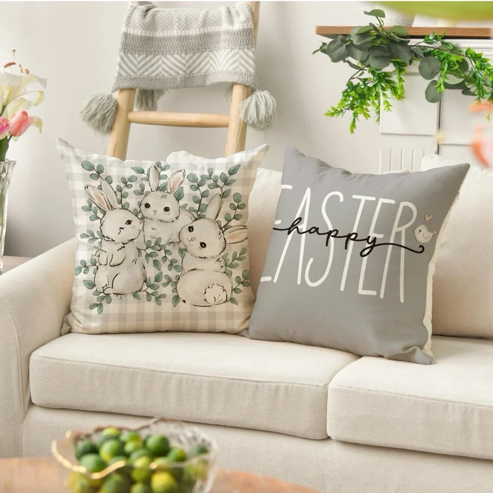 Spring Easter Bunny Decorative Throw Pillow Covers - 18”x 18” Set of 4